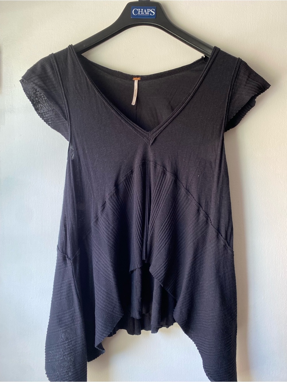 Free People Black Draped Asymmetric V‑Neck Short Sleeve Top